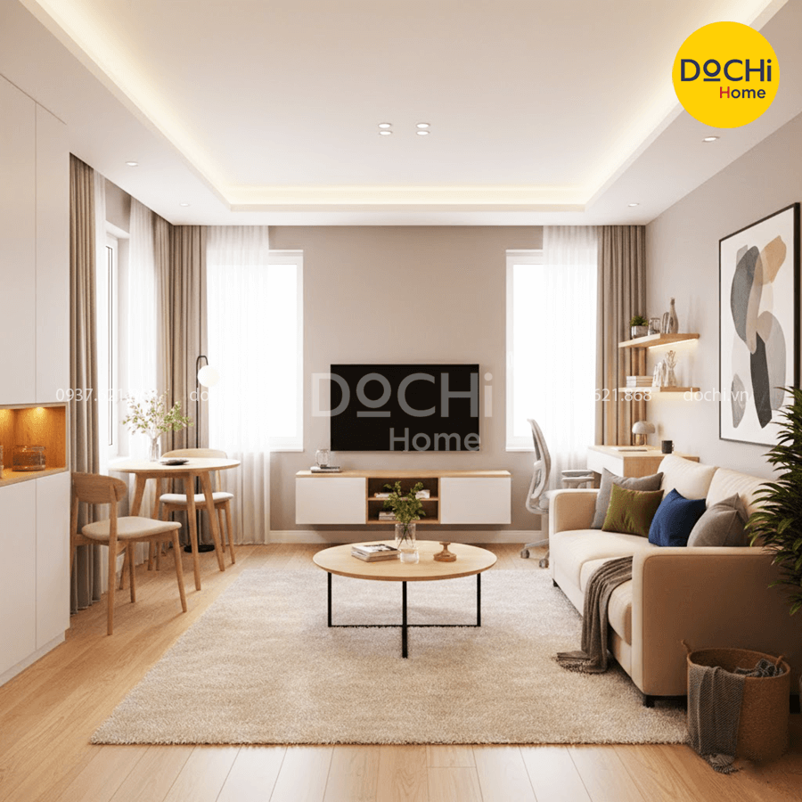 Mẫu thiết kế nội thất không gian phòng khách căn hộ 30m2