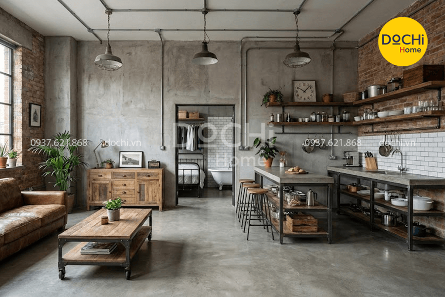 Mẫu thiết kế nội thất căn hộ 55m2 phong cách Industrial