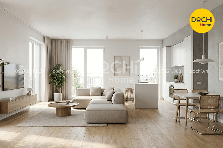 Mẫu thiết kế nội thất căn hộ 55m2 tối giản, thông thoáng