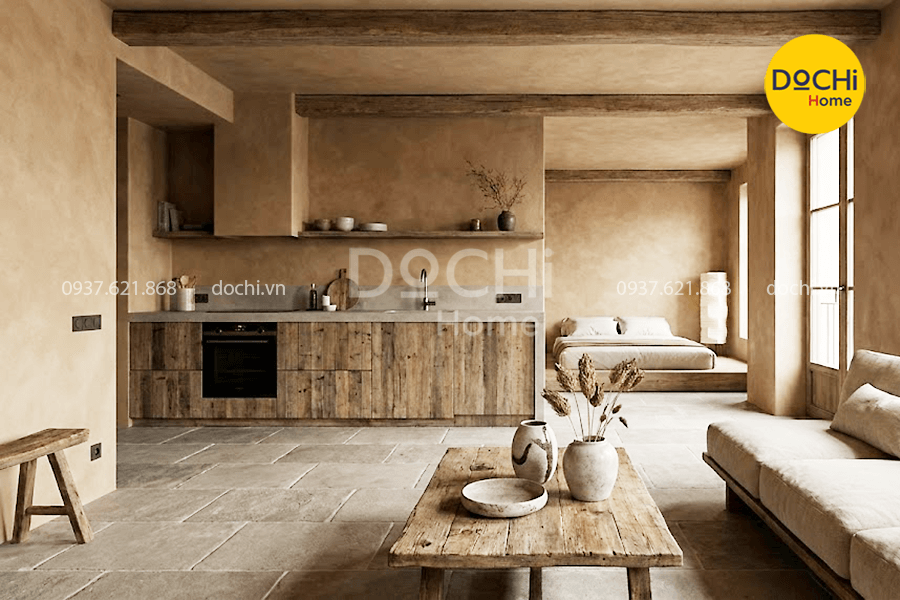 Mẫu thiết kế nội thất căn hộ 55m2 phong cách Wabi Sabi