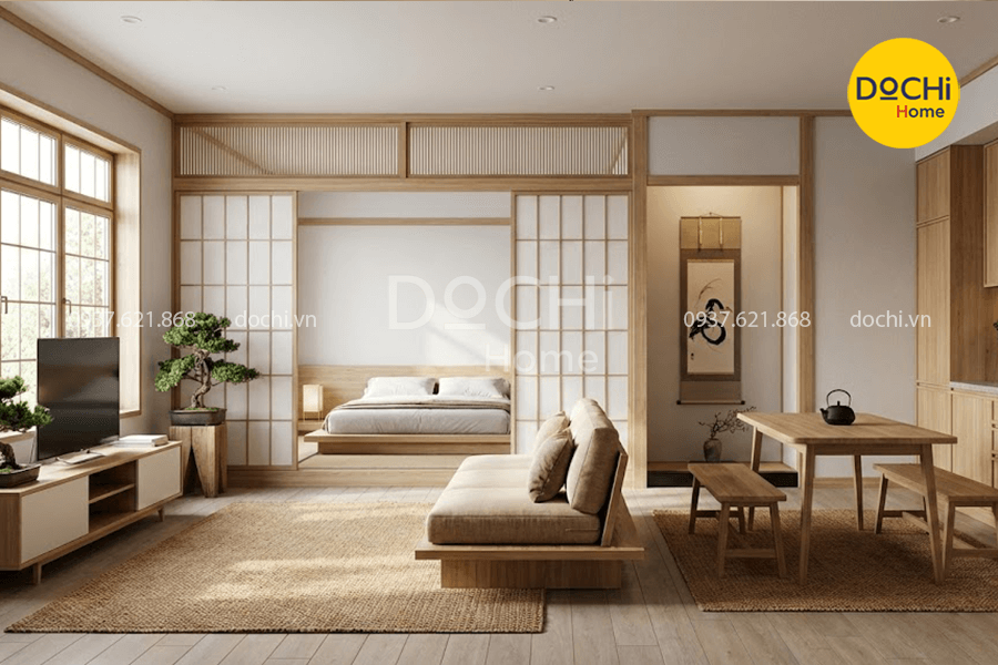 Mẫu thiết kế nội thất căn hộ 55m2 phong cách Nhật Bản