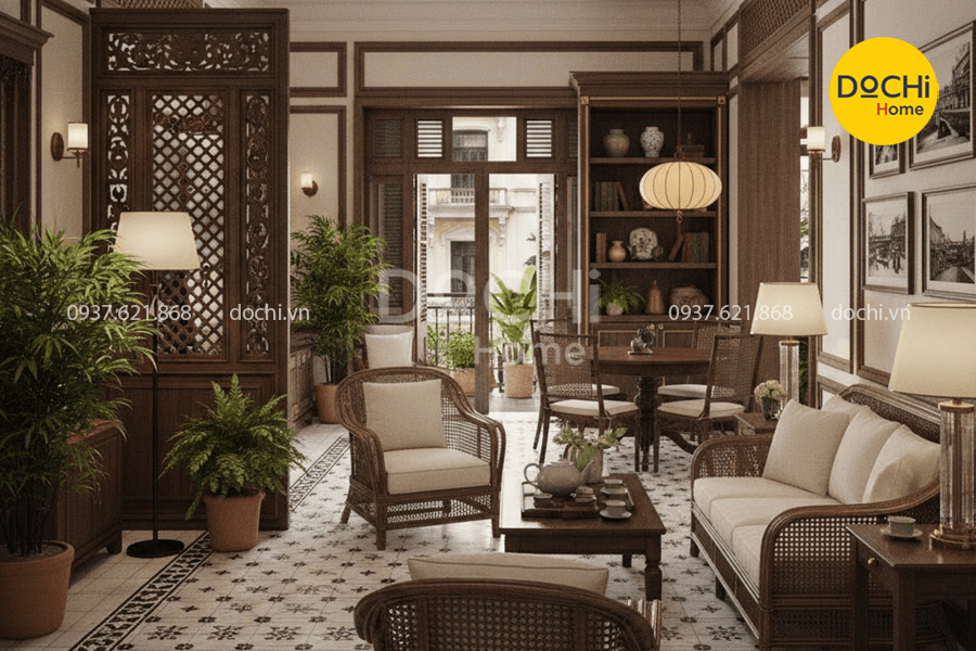 Mẫu thiết kế nội thất căn hộ 55m2 phong cách Indochine