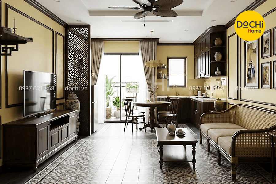 Mẫu thiết kế nội thất căn hộ 110m2 phong cách Indochine