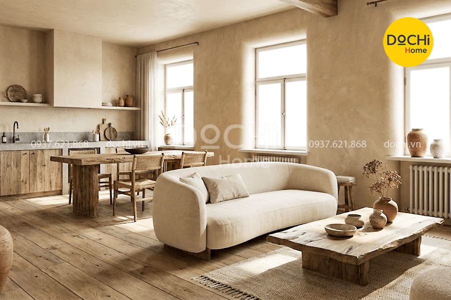 Mẫu thiết kế nội thất căn hộ 110m2 Wabi Sabi ấm áp