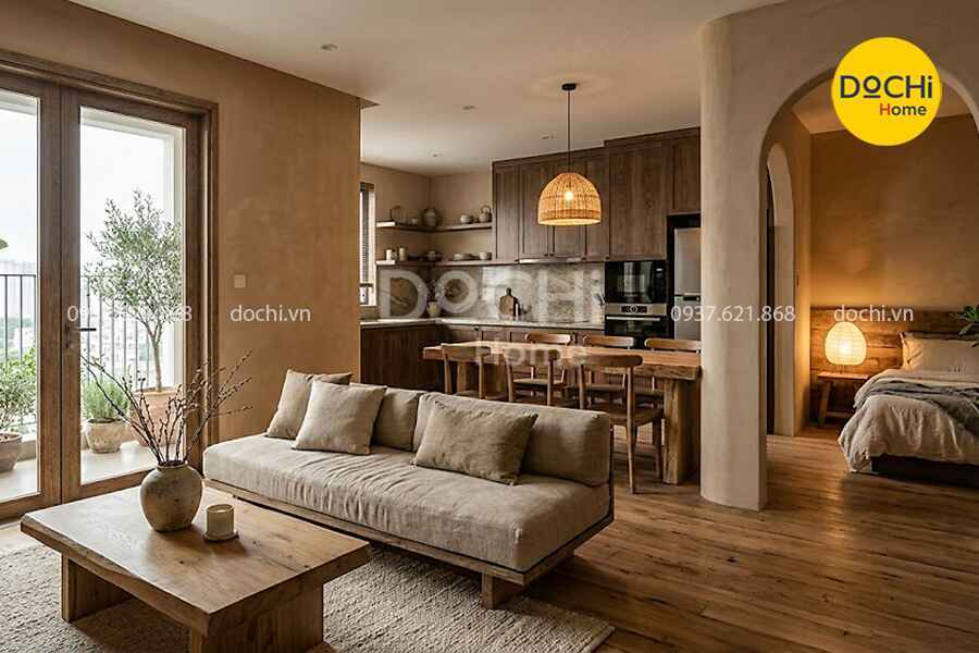 Mẫu thiết kế nội thất chung cư 78m2 phong cách Wabi Sabi