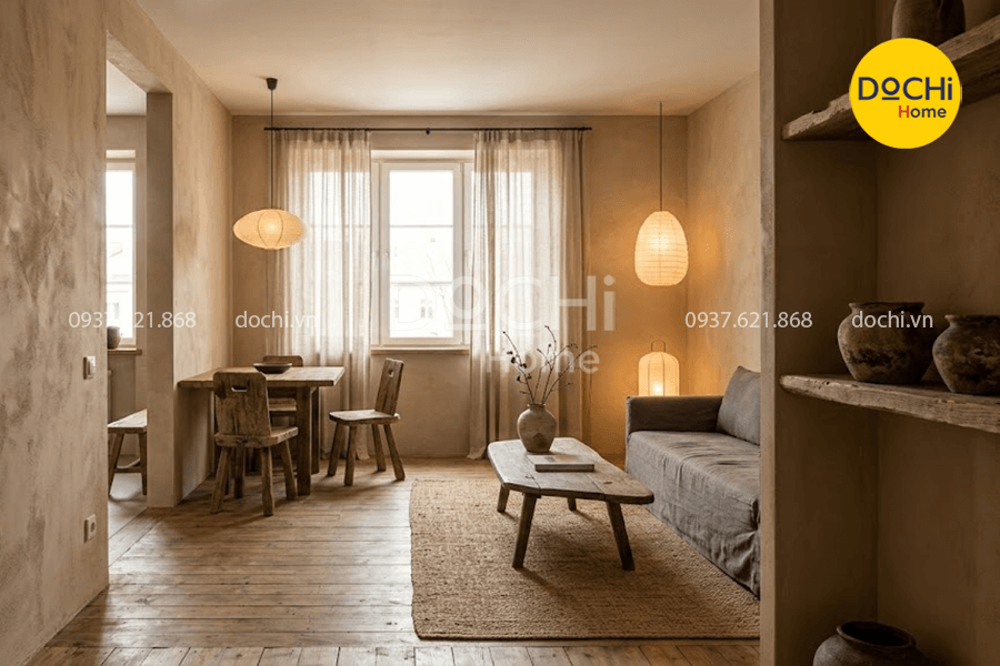 Thiết kế nội thất chung cư 64m2 phong cách Wabi Sabi ấm áp