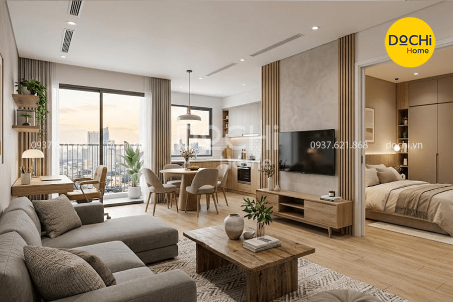 Mẫu thiết kế nội thất chung cư 66m2 1 phòng ngủ