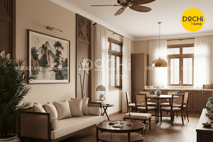 Mẫu thiết kế nội thất chung cư 66m2 phong cách Đông Dương