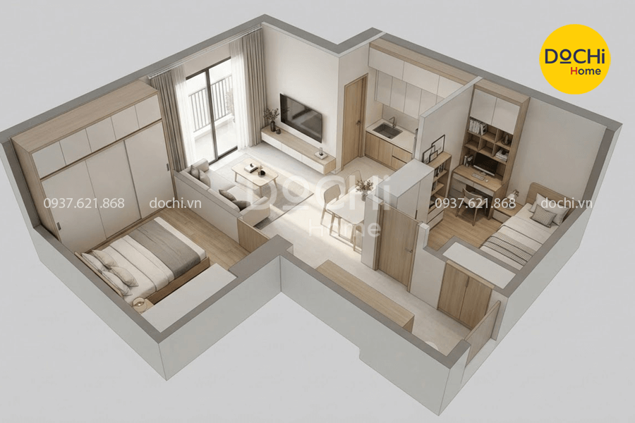 Mẫu thiết kế nội thất chung cư 67m2 2 phòng ngủ