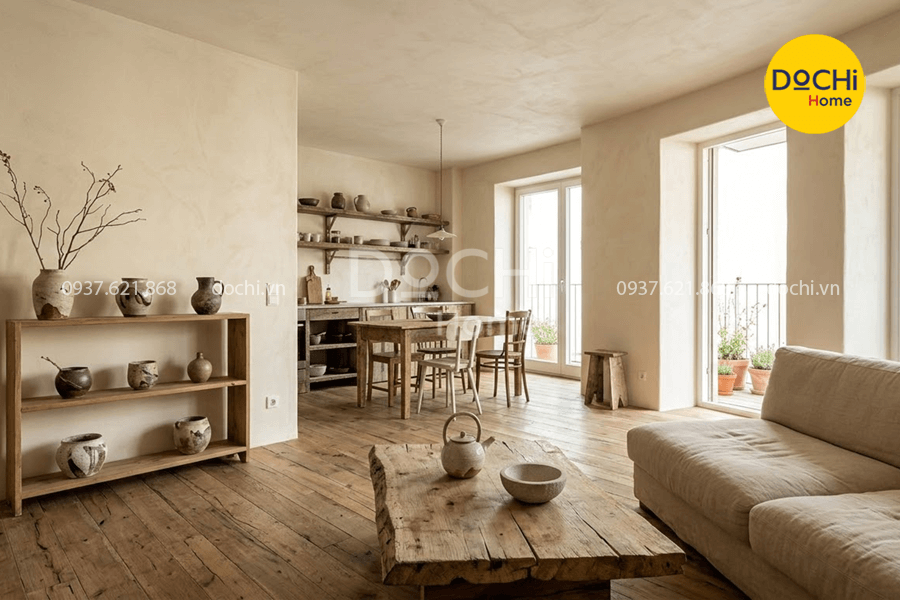 Mẫu thiết kế nội thất chung cư 67m2 phong cách Wabi Sabi
