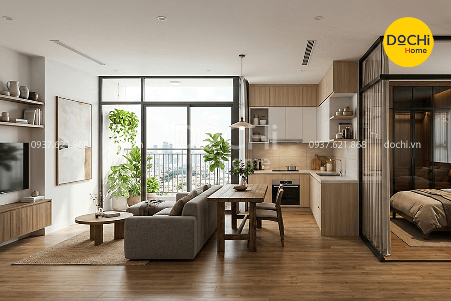 Mẫu thiết kế nội thất chung cư 68m2 1 phòng ngủ