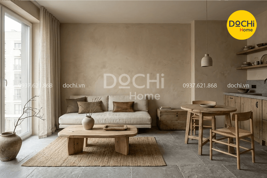 Mẫu thiết kế nội thất chung cư 68m2 phong cách Wabi Sabi