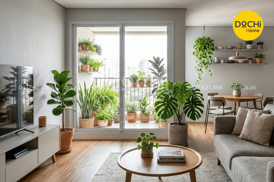Mẫu thiết kế nội thất chung cư 68m2 trang trí cây xanh