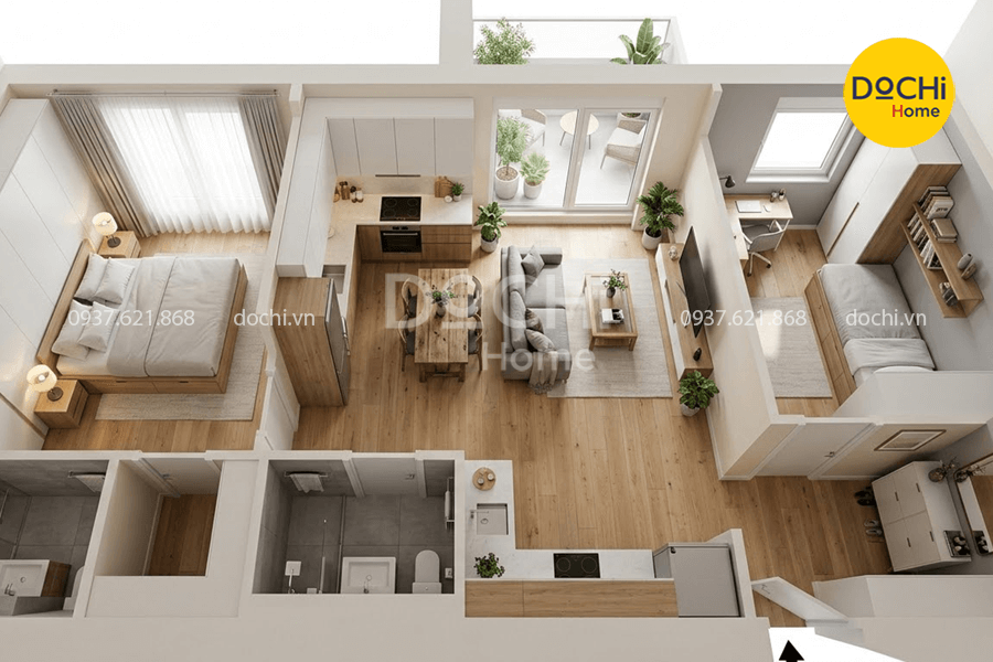 Mẫu thiết kế nội thất chung cư 72m2 2 phòng ngủ