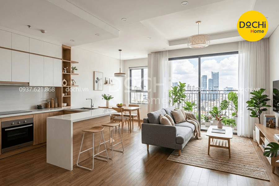 Mẫu thiết kế nội thất chung cư 72m2 phòng khách liền bếp