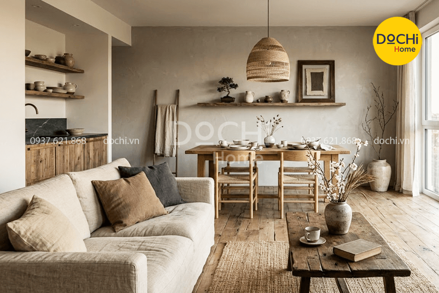 Mẫu thiết kế nội thất chung cư 72m2 phong cách Wabi Sabi