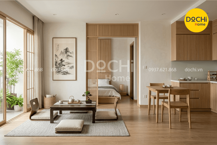 Mẫu thiết kế nội thất căn hộ 75m2 phong cách Nhật Bản