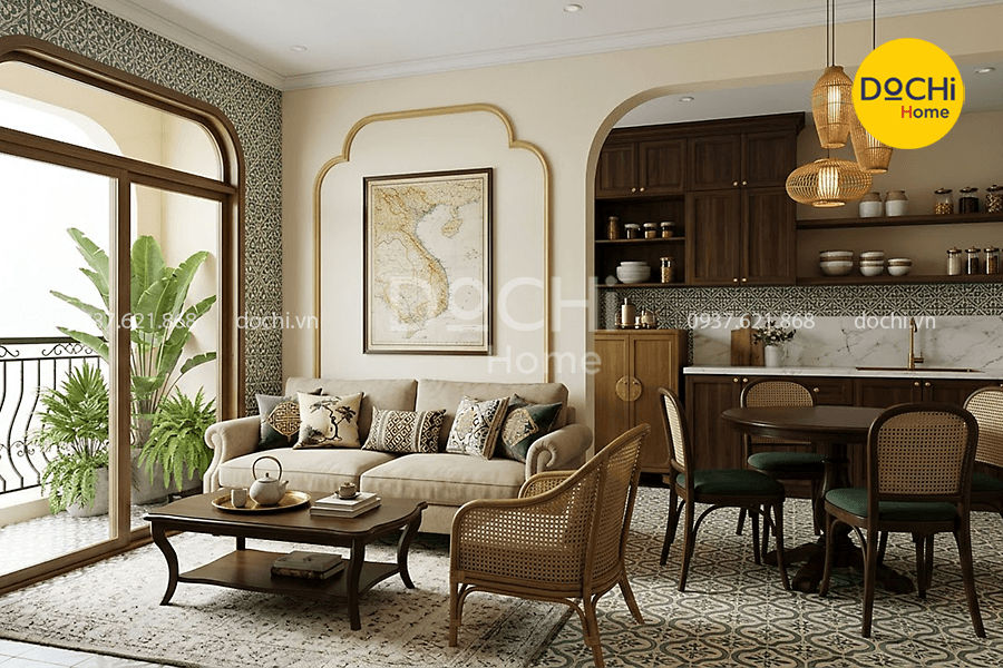 Mẫu thiết kế nội thất căn hộ 75m2 phong cách Indochine