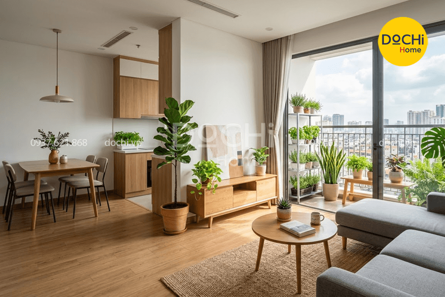 Mẫu thiết kế nội thất căn hộ 75m2 có trang trí cây xanh