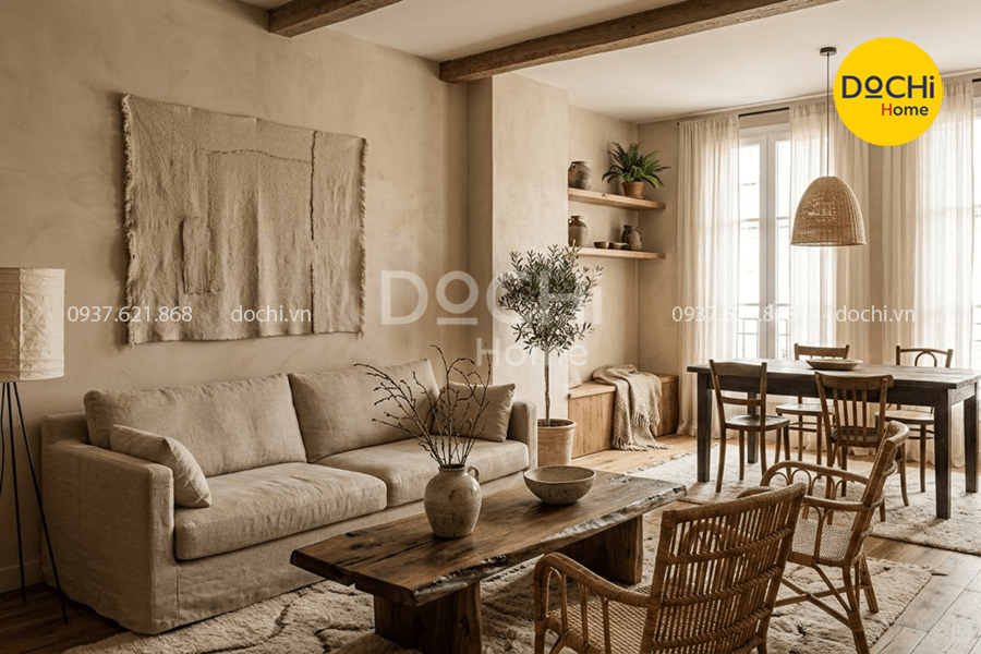 Mẫu thiết kế nội thất chung cư 76m2 phong cách Wabi Sabi ấm cúng