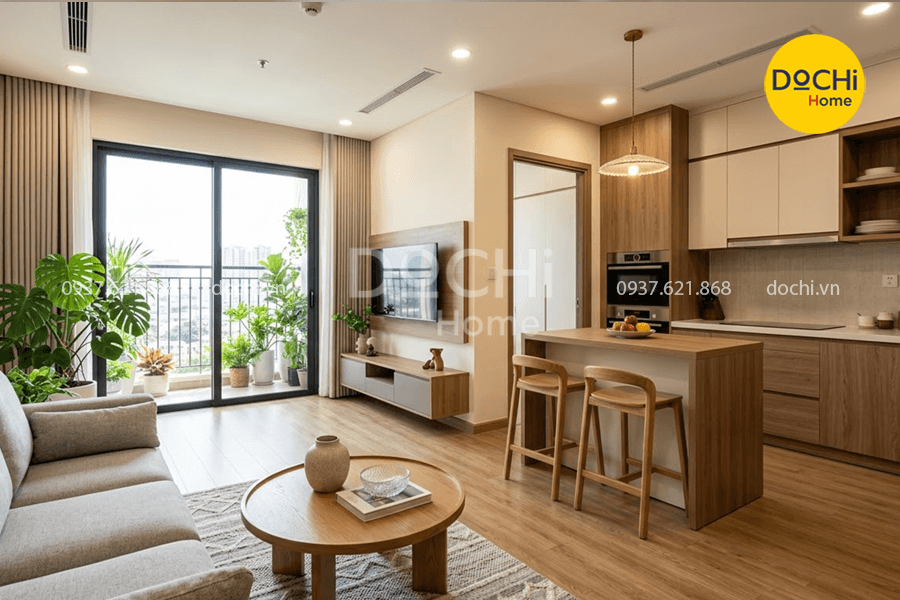 Không gian phòng khách liên thông phòng bếp