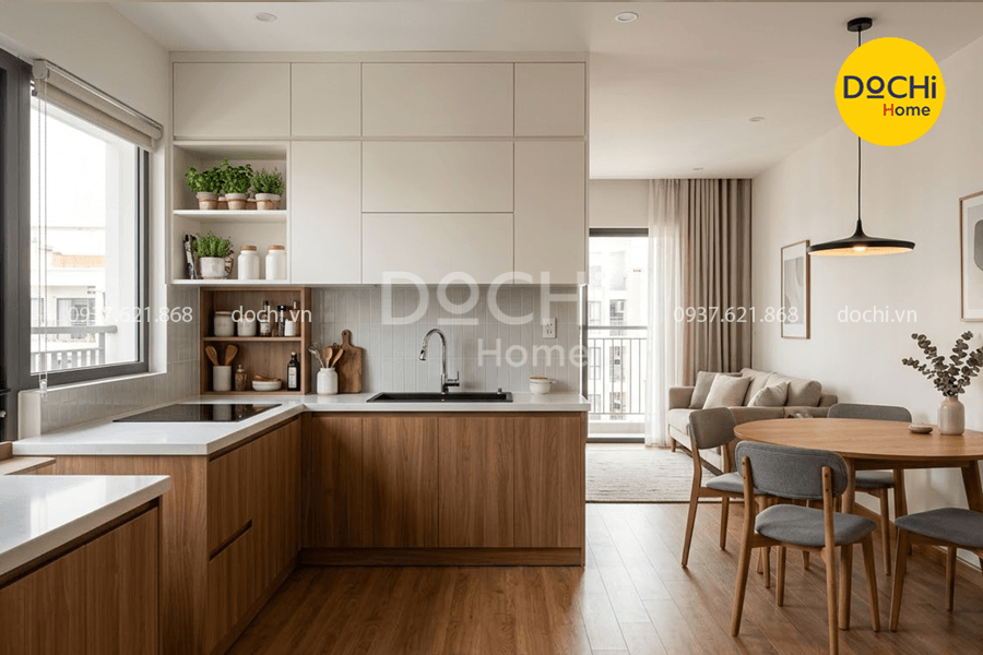 Bố trí tủ bếp và khu vực bàn ăn