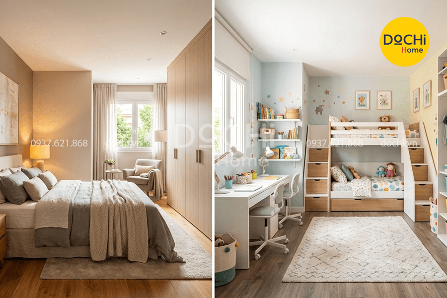 Không gian phòng ngủ Master và phòng ngủ cho bé