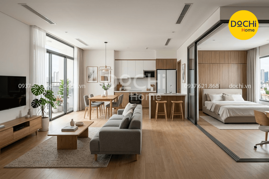 Thiết kế nội thất chung cư 77m2 1 phòng ngủ tiện nghi