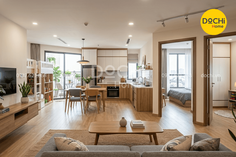 Thiết kế nội thất chung cư 77m2 2 phòng ngủ hiện đại