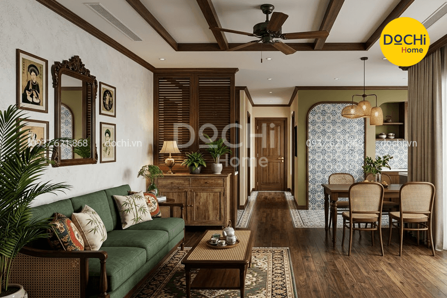 Mẫu thiết kế nội thất chung cư 85m2 2 phong cách Indochine