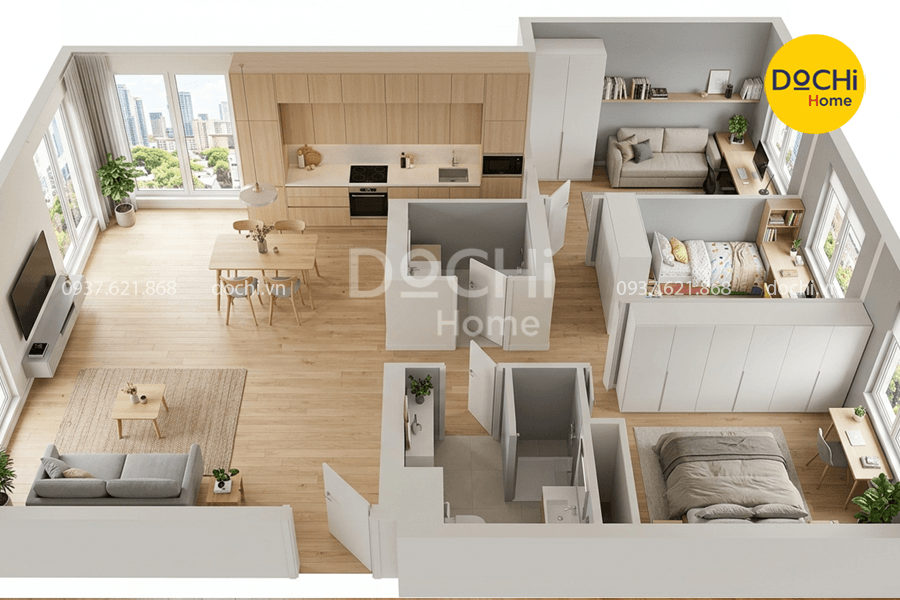 Mẫu thiết kế nội thất chung cư 86m2 3 phòng ngủ