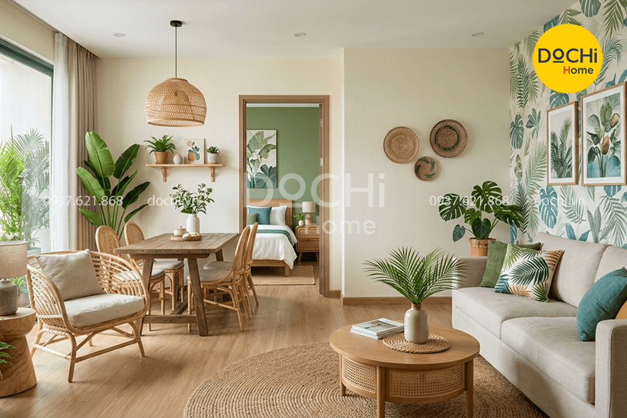 Mẫu thiết kế nội thất chung cư 86m2 2 phong cách Tropical