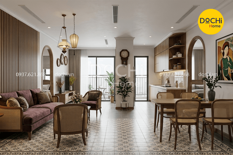 Mẫu thiết kế nội thất chung cư 95m2 phong cách Indochine