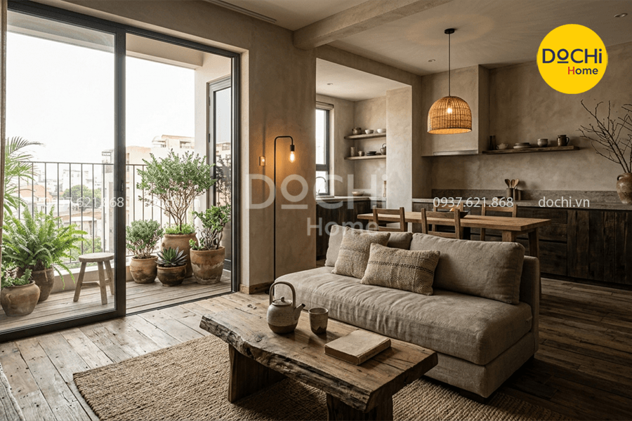 Mẫu thiết kế nội thất chung cư 95m2 phong cách Wabi Sabi