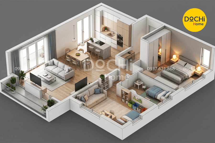 Mẫu thiết kế nội thất chung cư 96m2 3 phòng ngủ