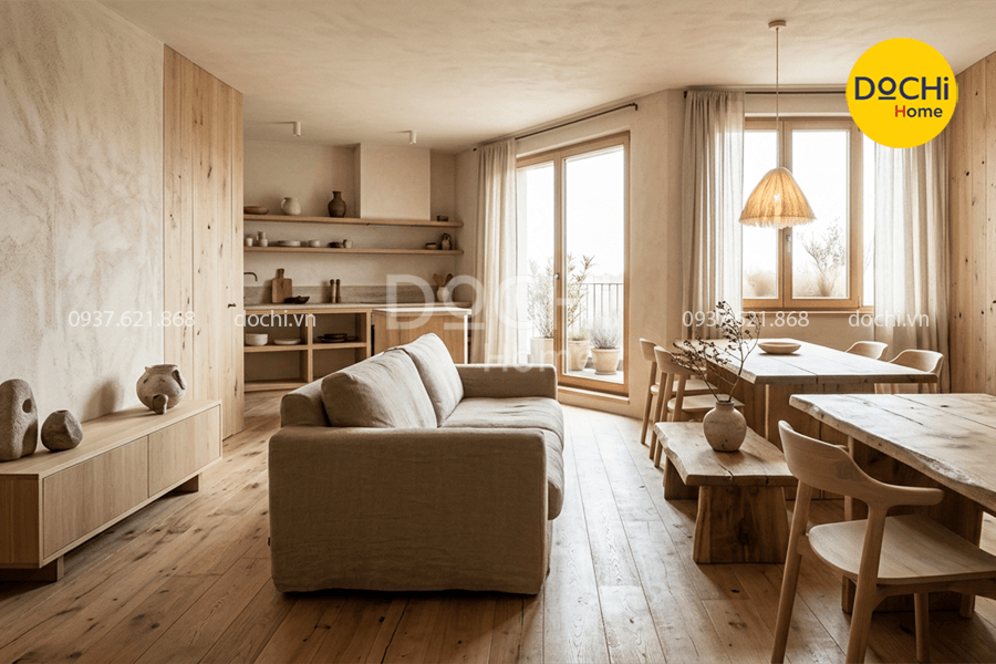 Mẫu thiết kế nội thất chung cư 96m2 phong cách Wabi Sabi