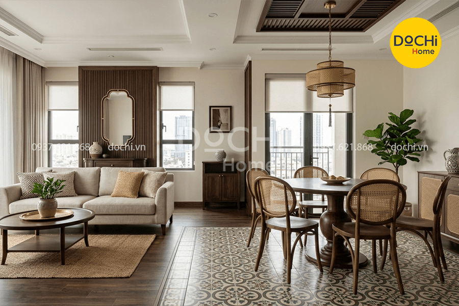 Mẫu thiết kế nội thất chung cư 96m2 phong cách Indochine