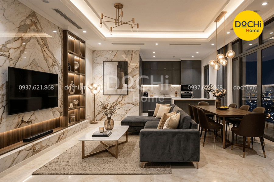 Mẫu thiết kế nội thất chung cư 96m2 phong cách Luxury