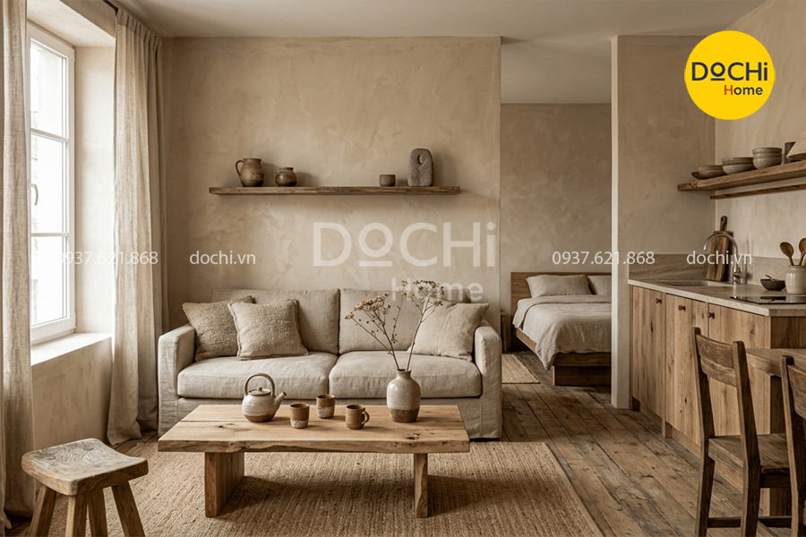 Mẫu thiết kế nội thất căn hộ 40m2 phong cách Wabi Sabi