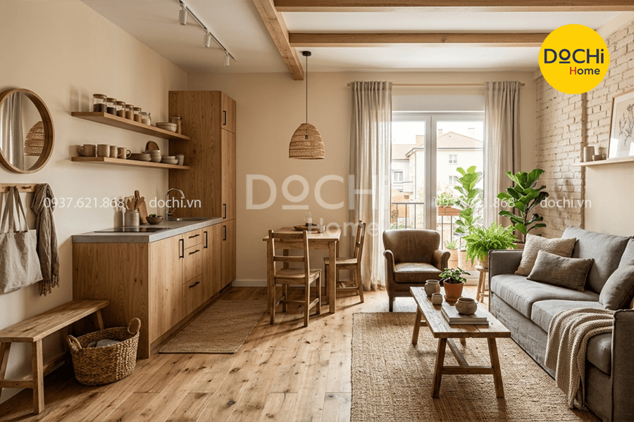 Mẫu thiết kế nội thất căn hộ 40m2 phong cách Rustic