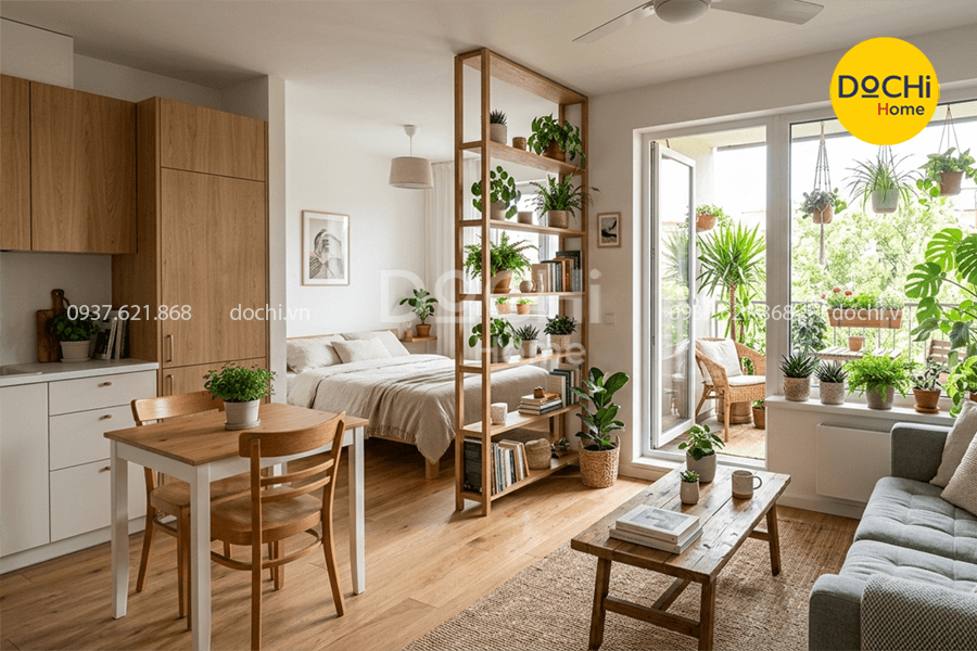 Mẫu thiết kế nội thất căn hộ 40m2 sử dụng cây xanh