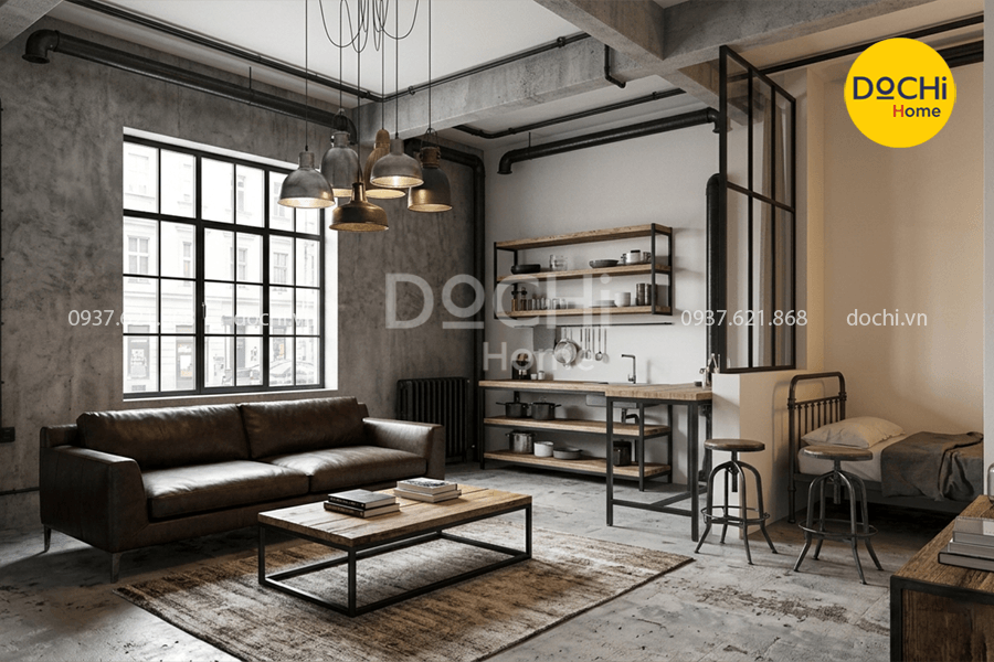 Mẫu thiết kế nội thất căn hộ 40m2 phong cách Industrial