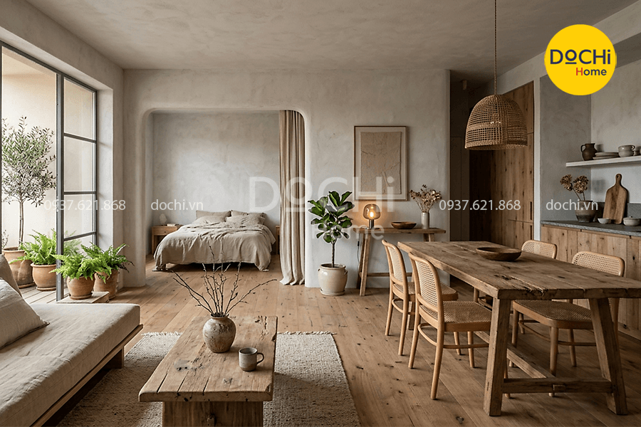 Mẫu thiết kế nội thất căn hộ 65m2 phong cách Wabi Sabi