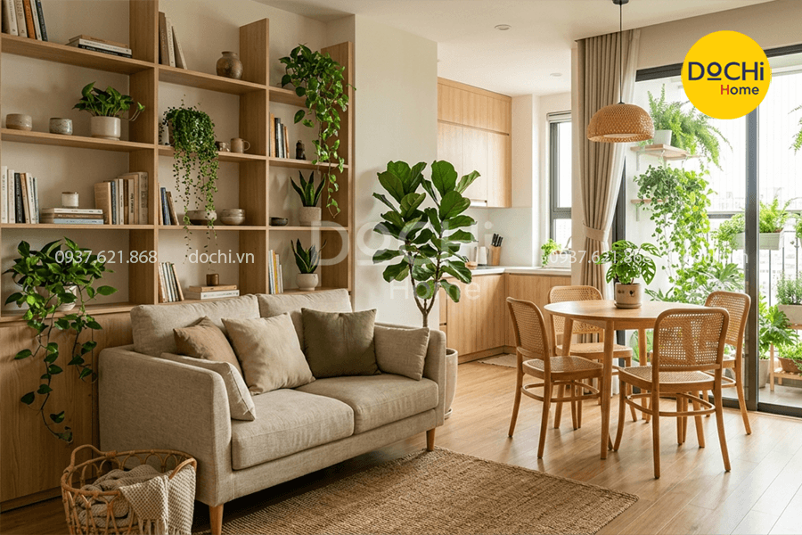 Mẫu thiết kế nội thất căn hộ 65m2 có kết hợp cây xanh