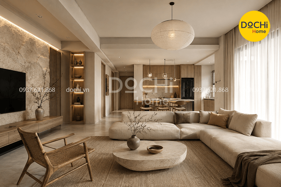 Mẫu thiết kế nội thất căn hộ 105m2 phong cách Wabi Sabi