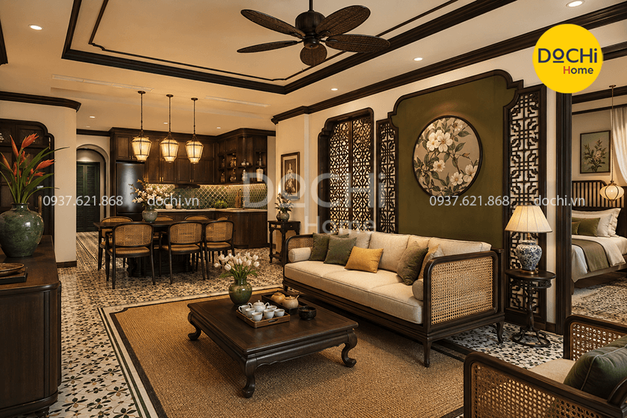Mẫu thiết kế nội thất căn hộ 105m2 phong cách Indochine