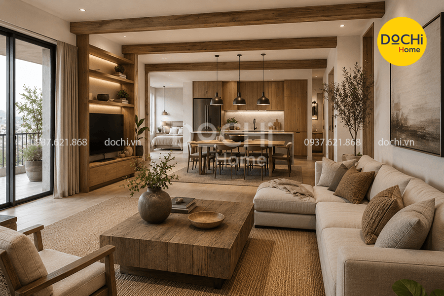 Mẫu thiết kế nội thất căn hộ 105m2 phong cách Rustic