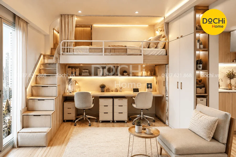Mẫu thiết kế căn hộ mini 15m2 có giường tầng
