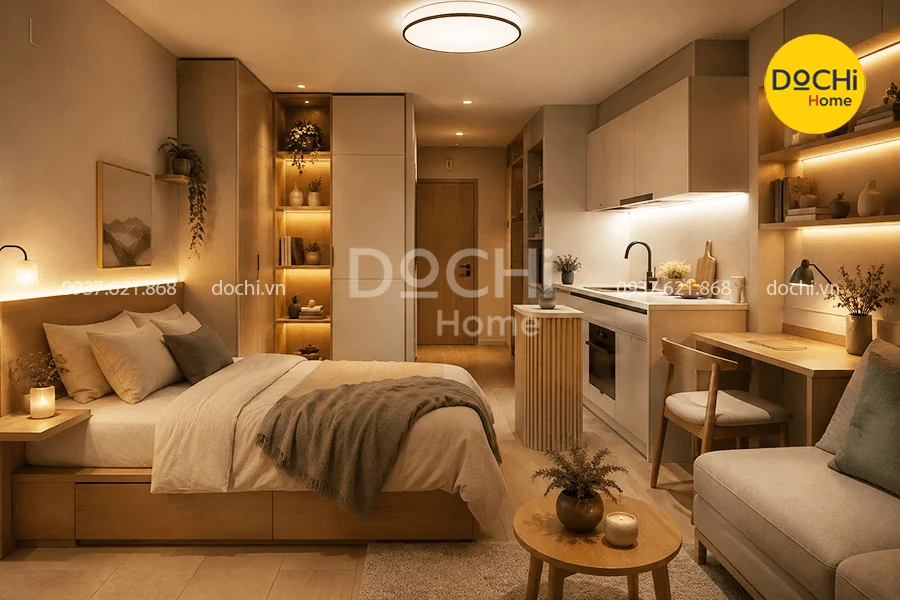 Mẫu căn hộ mini 15m2 trang trí đèn ấm cúng