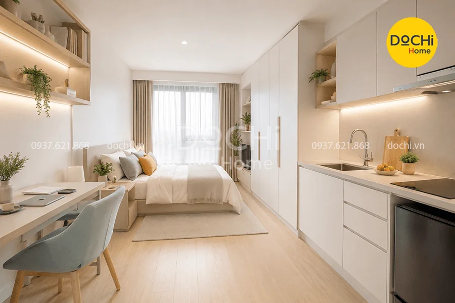 Thiết kế căn hộ 15m2 phối tone màu tươi sáng